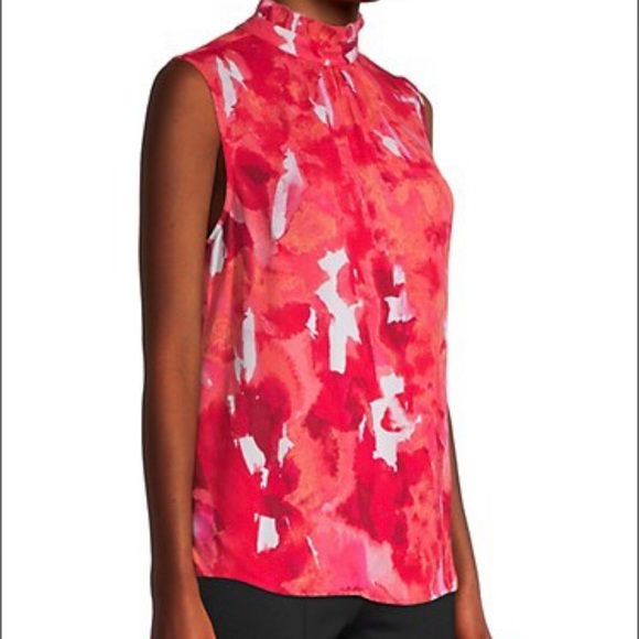 ✨HP✨NWT Donna Karan sleeveless top w/ ruffled mock neck, L, red and white floral - Picture 11 of 11